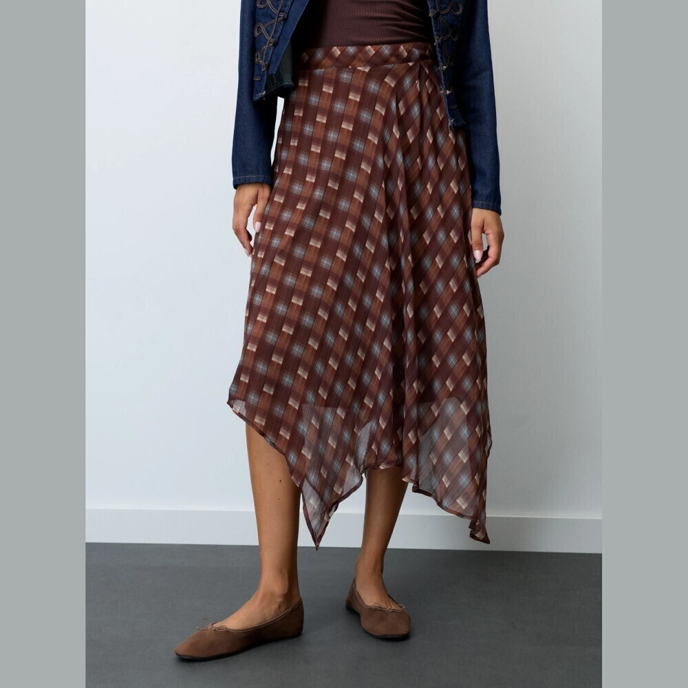 Brown-Tan Plaid Sheer Chiffon Handkerchief Hem Midi Skirt